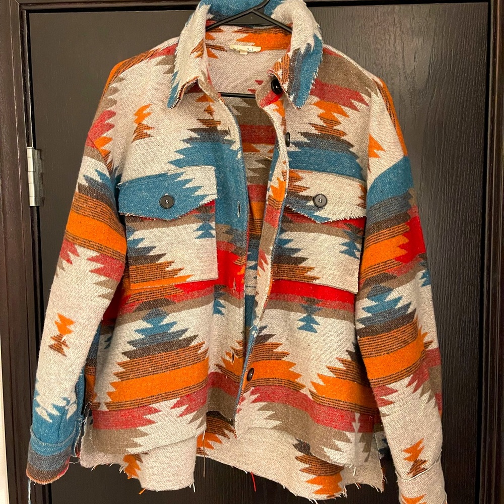 Women’s Aztec Button-Down Shacket in Cream, Orange & Blue